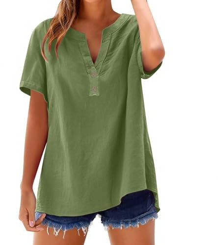 Camisetas Manga Corta Mujer De Algodon Y Lino con Botones Primavera Verano Moda Color Sólido Blusa Cuello En V Camiseta Casual Shirts Trabajo Fiesta Tops Elegante Cómoda Camisa Basica Top