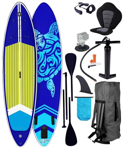 BRAST® SUP Board Turtle | Aufblasbares Stand up Paddle Set | 320x81x15cm | 4 Designs | 5 Jahre Garantie | inkl. Sonderzubehör | 2in1 Paddel Kajak-Sitz Action-Cam-Halterung Fußschlaufe | Dunkelblau