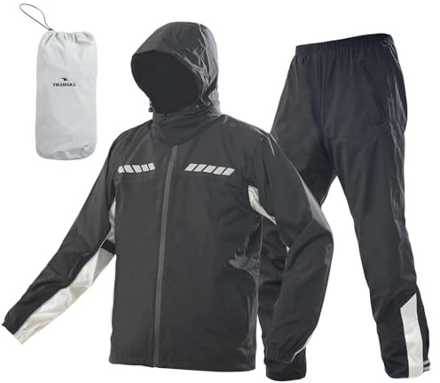 VIKAMAKA Waterproof Motorcycle Men's Rain Suit, Breathable Lightweight Hooded Reflective Rain Gear, Rain Jacket and Pants for Men(Black&Grey, X-Large)