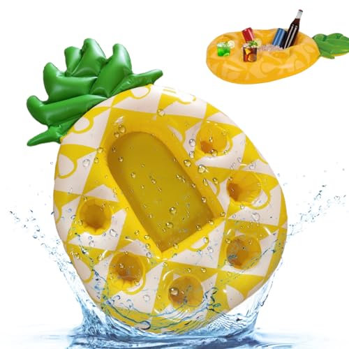 bouée Piscine Gonflable Ananas 50x70 cm avec 6 Porte-gobelets et Compartiment Central – Grande flottabilité – PVC étanche – Accessoire été Plage Jardin fête Piscine