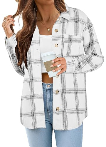 Zeagoo Ladies Loose Checked Shirt Flannel Shirts Long Sleeve Blouse Black and White M
