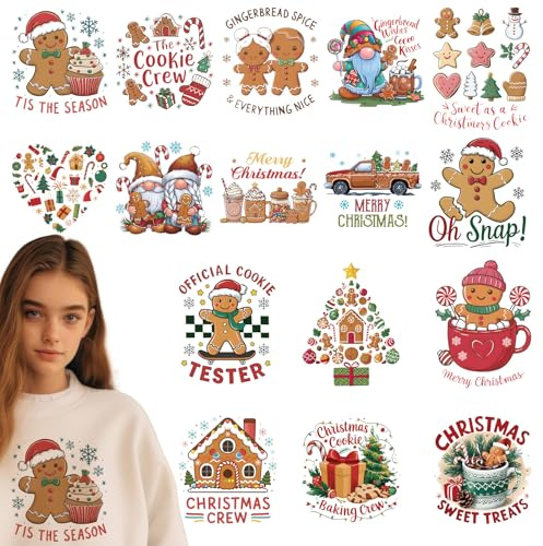 Gingerbread Man Iron on Transfers - 16 Sheets Christmas DTF Transfers Ready to Press Iron on Decals Patches Xmas Truck Heat Transfers Vinyl for Clothes Bag Covers DIY Craft Decorations