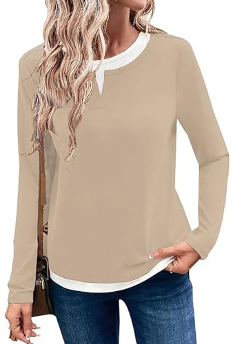 Yeenily Maglia Maniche Lunghe Donna Collo Crew Falso Due Pezzi V Collo Top Colore Contrasto Regular Fit T-Shirt (Albicocca, L)