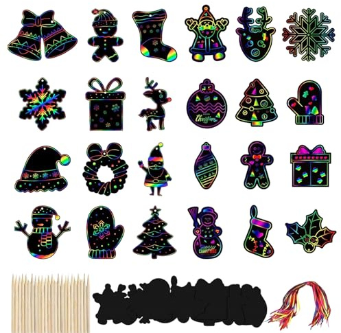 48 Stück Weihnachten Kratzbilder für Kinder,Bastelset Weihnachten,Weihnachten Kratzpapier Regenbogen Scratch Art mit Holzstiften und 48 Bändern Für Weihnachtsbaum Deko,Adventskalender Füllung Kinder