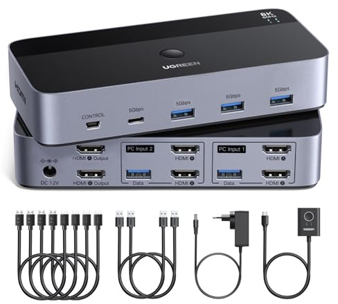 UGREEN Switch HDMI KVM 2 Ingressi 2 Uscite 8K 60Hz Doppio Display Commutatore KVM con 4 Porte USB 3A1C 5Gbps per Tastiera Mouse e Disco Rigido Controller Desktop e Cavi HDMI 2.1 Inclusi