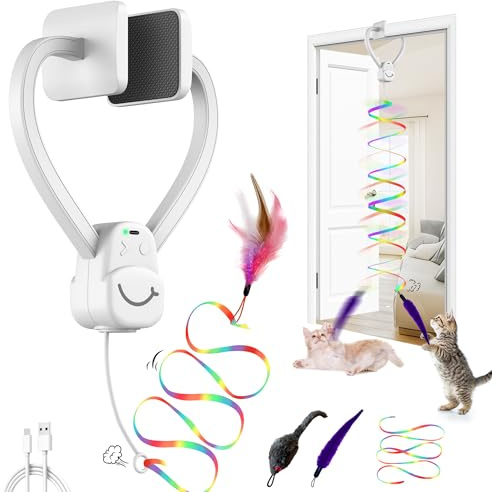 Interactive Cat Toys for Indoor Cats,Automatic Hanging Electric Cat Teaser Door Frame & Doorway,with Feather Mouse String wand Enrichment Chase Toy,Safe Self Play for Bored Multi Cats Households