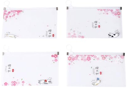 STOBAZA Pochette à Dossiers Étanche en Plastique PP, Lot de 4 Fermeture Éclair à Clip, Motifs Dessins Animés Colorés, Format Moyen, Transport Facile pour Étudiants et Couleur Aléatoire