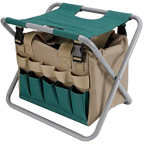 Qcwwy Sgabello da Giardinaggio Pieghevole con Borsa Portaoggetti Staccabile, Set di Attrezzi da Giardino Portatili in Tessuto Oxford 600D, Sedia Organizer per Pesca, Campeggio, Lavori