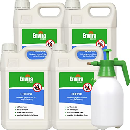 Envira Floh Abwehrspray 4 x 5 Liter + 2L Drucksprüher - Spray mit Langzeitwirkung gegen Flöhe, Katzenfloh, Hundefloh - Mittel gegen Flöhe für Wohnung & Möbel - Effektives Flohmittel & Flohschutz