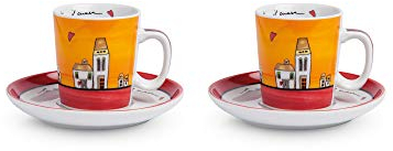 Egan Set 2 Tazze caffè con piattini Collezione Le Casette. Oggetto Realizzato in Porcellana di Colore Rosso e Bianco e Multicolore. La referenza è PLC02/1S