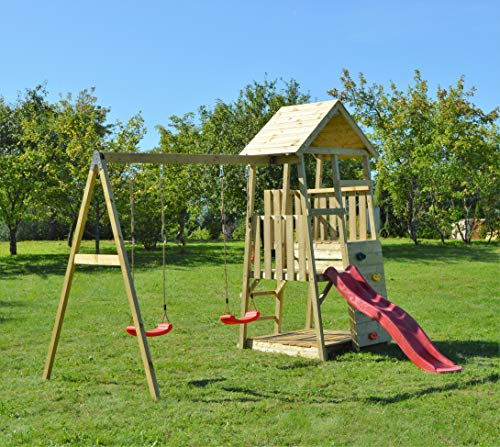 Torre de Actividad de Tratamiento a presión con tobogán Rojo, Doble oscilación, arenero | Torre de Juegos Exterior con Techo de Madera, Muro de Escalada, Escalera y Accesorios de Juego | 4 a 10 años