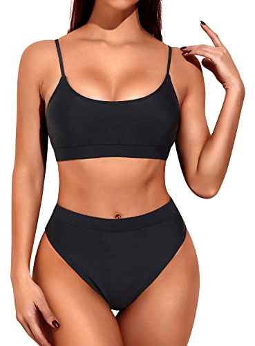 Tempt Me Women High Waisted Bikini Set Athletic Two Piece Swimsuits Sporty High Cut Bathing Suit with Scoop Neck Black L