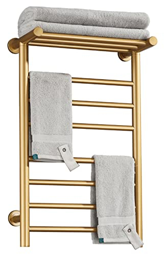DUDYP Radiador Toallero Eléctrico, Secado De Toallas De 7 Barras Dorada Con Estante Superior, Calentador De Toallas De Fibra De Carbono De Acero inoxidable Montado En La Pared, 72*45*25 Cm (Plug in)