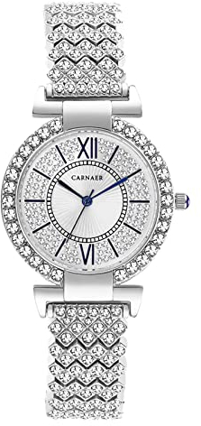 JewelryWe Uhren Damen Analog Quarz 30m wasserdichte Armbanduhr Elegant Luxus Glitzer Strass Römische Ziffern Zifferblatt Beiläufige Uhr Damenuhr mit Metall-Armband Silber