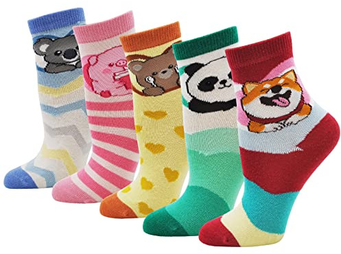 PUTUO Chaussette Fille Enfants Chaussette en Coton, Chaussette Fantaisie Fille Bebe Chaussettes Animaux, 5 paires, 31-34