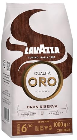 Lavazza, Qualità Oro Gran Riserva, Kaffeebohnen, ideal für Espresso, angenehm süß, 100% Arabica-Bohnen und 5% in Whiskeyfässern gelagerte Bohnen, Mittlere Intensität 6/10, helle Röstung, 1 kg