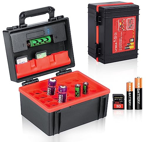 Organizador de batería con comprobador de batería extraíble, resistente al agua y a prueba de golpes, soporte para 20 pilas AA, 15 pilas AAA, 6 ranuras para tarjetas SD (D750C)