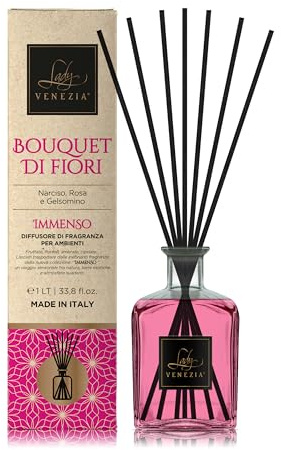 Lady Venezia - Profumatore per Ambienti - Diffusore Profumo Ambiente - Profumatore per Ambienti Bastoncini - Formato Convenienza 1LT (Bouquet di Fiori)