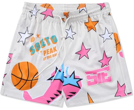 DIOTSR Mens Graphic Basketball Shorts Elastic Waistband Athletic Running Active Shorts Casual Streetwear (01 Star-Cream,Large)