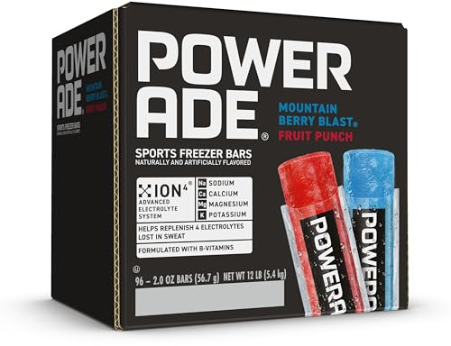 POWERADE Sports Freezer Bars 2 oz, Refreshing Ice Pops with Electrolytes B Vitamins – Naturally Flavored with Other Natural Flavors, Mountain Berry Blast and Fruit Punch, 96 Total Freezer Bars