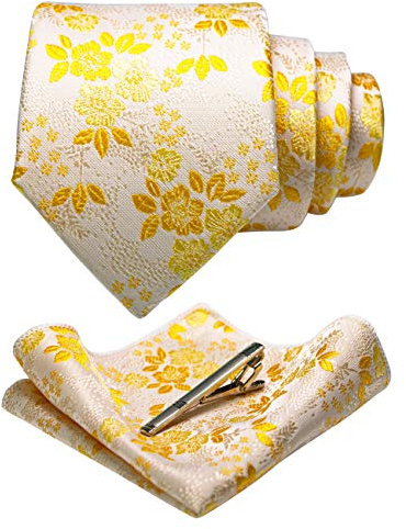 JEMYGINS Set Cravate Homme Motif Floral avec Pochette et Pince a Cravate pour Mariage Business et Ceremonie Blanc/Jaune