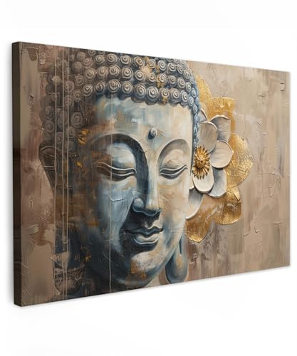 MuchoWow© Leinwand Groß 120x80 cm XXL Deko Schlafzimmer Aesthetic Leinwandbilder Wohnzimmer Gemälde Foto Geschenk Living Room Decoration Buddha - Zen - Blume - Gold - Beige - Kunst