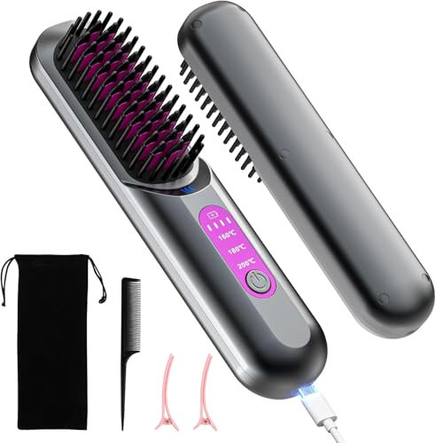 Negative Ion Hair Straightener Brush, 5000mAh Portable Heated Straightening Comb for Travel, Cordless Mini USB Rechargeable Hair Straightener for Women, Beard Straightener for Men