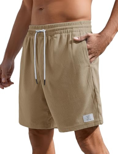 Yuson Girl Pantalones Cortos Hombre Verano Shorts Suelto de Pana Cintura Elástica Cordón Pantalón Pantalones de Playa Verano Casual Chino Pantalon Corto con Bolsillos(Caqui, M)