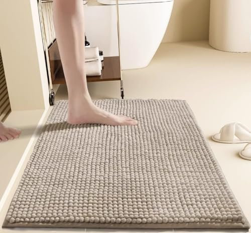 LEZUAN Badematte aus Chenille, Weich Badteppich, rutschfest Badvorleger, Absorbent Badezimmerteppich, Flauschig & Waschbar(Khaki,40 x 60 cm)