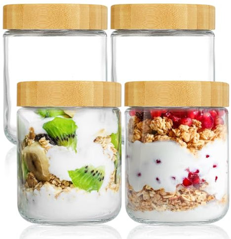 Overnight Oats Lot de 4 bocaux de conservation de 500 ml avec couvercles à visser pour oats nocturnes, salade, yaourt, pudding, chutney, confiture