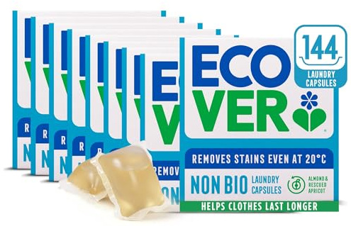 Ecover Non-Bio Washing Capsules - Fresh Almond & Rescued Apricot Scent, 8x Pack of 18 Capsules