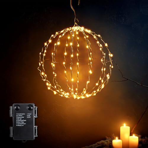 da LIGHT Weihnachtsbeleuchtung Außen Batterie – Hängende LED Kugellichter Ø30 cm mit 140 LEDs, 8 Modi & Timer, Warmweiß, IP44 Wasserdicht, Deko-Lichterkette für Garten, Balkon, Party & Innenbereich