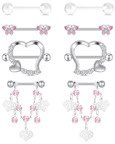 MODRSA Nipple-Piercing Nipple-Bars Nippelpiercing Chirurgenstahl: 4pairs 14G Pink Barbell Piercing Schmuck Brustwarzenpiercing