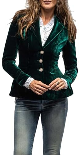 LCDIUDIU Blazer Terciopelo para Mujer, Chaqueta Traje Tipo Cárdigan con Botones Y Solapa con Muescas Verde, Estilo Retro, Ajustado, Elegante, Lujo, Primavera Y Otoño, Manga Larga, Uso Diario En