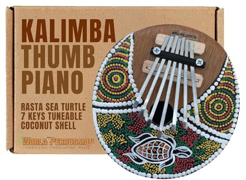 World Percussion USA Kalimba Thumb Piano - 7 keys - Tunable - Coconut Shell - Sea Turtle Design - 6-7 Wide