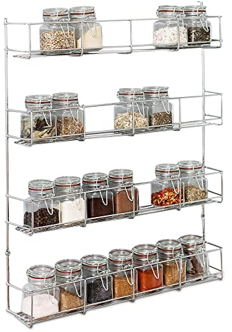 LIVIVO Chrome Spice Herb Jar Rack 40cm Wide Holder for Cupboard Door (4 Tier)