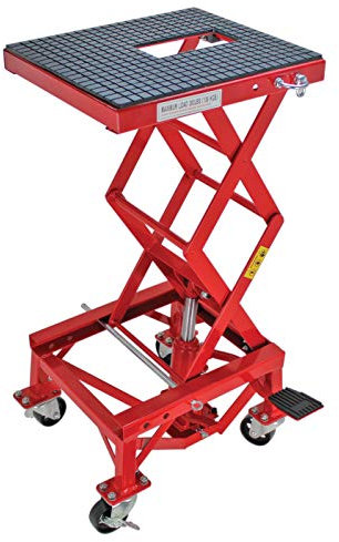 Extreme Max 5001.5083 Ultra-Stabile Hydraulic Motorcycle Lift Table with Foot Pad Lift Function - Raises Bikes from 13.25 to 34, 300 lbs. Weight Capacity, Red