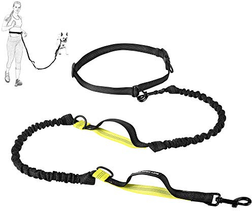 Mile High Life | Infällbart handsfree hundkoppel | justerbar midja | reflekterande dubbla bungees | dubbla handtag | små medelstora hundar | (citrongul)