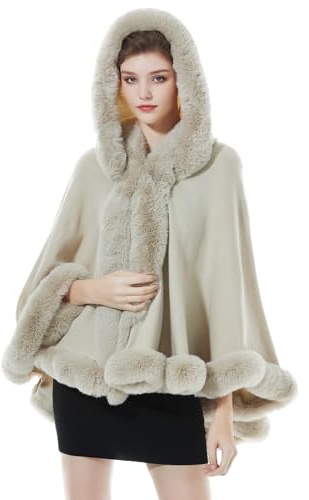 BEAUTELICATE Poncho Mantella di Pelliccia Sintetica con Cappuccio Donna Stola Scialle Cardigan Caldo Lavorata a Maglia con Collo per Invernale Nozze Matrimonio Festa (Beige con Collo,Ttaglia Unica)