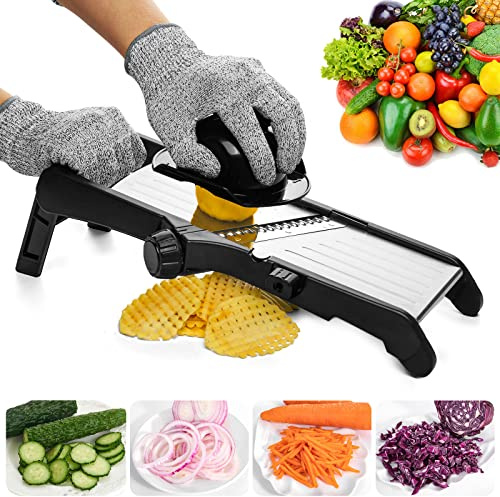 VEKAYA Mandoline Slicer for Kitchen, Stainless Steel Professional Vegetable Slicer with Adjustable Thickness, Ultra Sharp Blades, Safety Gloves & Food Holder, Ideal for Potatoes, Onions, Cucumbers
