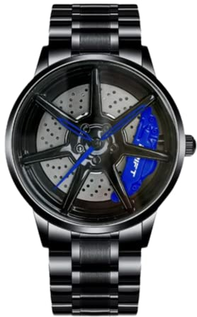 DriftElement Felgenuhr Herren - Motorsport Armbanduhr im 3D Felgendesign aus Edelstahl (Schwarz Blau)