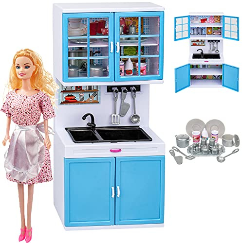alles-meine.de GmbH Puppenhaus Möbel + Puppe - 31 cm groß - Spüle + Vorratsschank - mit Zubehör - Miniatur Puppenstube Küche - passend für alle gängigen Modepuppen - Geschirr Küc..