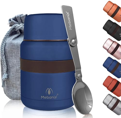 Mebanix Food Flask for Hot Food, Soup | 400ml Stainless Steel Double Walled Vacuum Insulated Leakproof Jar with Folding Spoon | BPA Free | 6 hrs hot 10 hrs cold | For Adults and Kids. Blue.