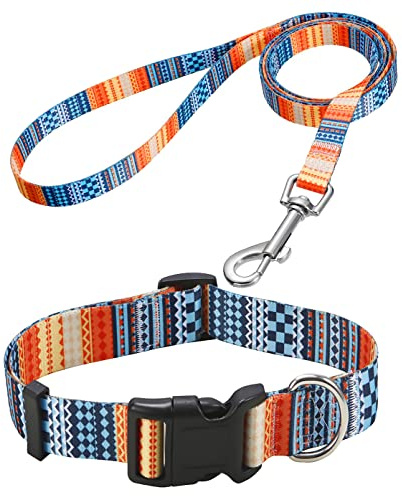 Mihqy Dog Collar and Leash Set, for Large Dogs, Bohemian Orange Set,L | with Bohemia Tribal Geometric Patterns, Adjustable for Small Medium Large Dogs, Comfortable for Walks and Outdoor Hikes