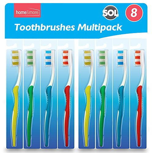 SOL 8pk Manual Toothbrush Multipack, Smokers Soft Tooth Brushes for Adults, Family Pack Assorted Colours, Firm Nylon Bristles for Effective Cleaning, Disposable, Ideal for Daily Oral Care