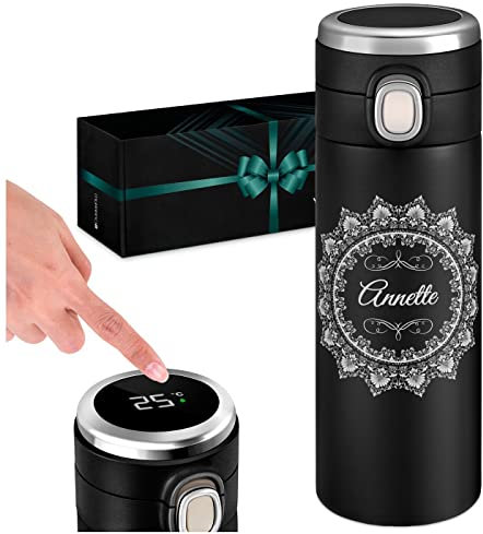 Maverton Mug de voyage personnalisé - Bouteille isotherme 400 ml - Tasse en inox avec Afficheur de température LED - Thermos gravé pour femme - anniversaire - pour elle - Ornament