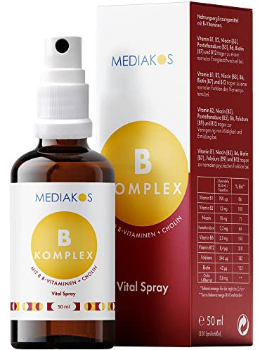 Mediakos® Vitamin B Komplex Spray - Hochdosiert & Vegan - Vitamin Präparat mit allen 8 B-Vitaminen und Cholin - B1, B2, B3 (Niacin), B6, B12 & mehr - Vital Spray mit Apfel-Geschmack (50ml)