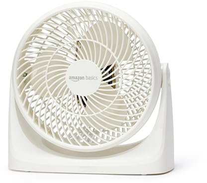 Amazon Basics Tisch-Ventilator tragbar, 18 cm, geräuscharme Kühlung, 3 Geschwindigkeiten, um 90° verstellbarer Winkel, Weiß, 15,49 x 27,3 x 27,69 cm