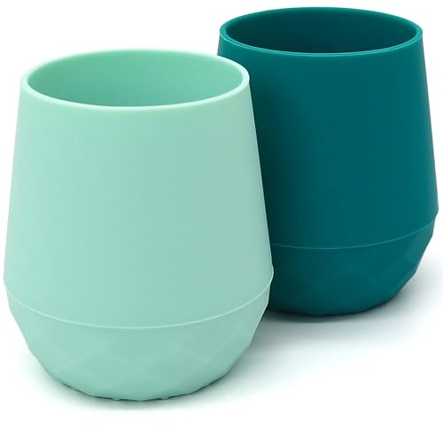 teensy peepsy Silicone Training Cups for Babies 4 Months+ | 2 pack Tiny Transition Cup for Baby Boy Gift, Baby Water Cup for 6-12 Months, Toddler Open Cups 2oz, Baby Essentials for BLW (Aquamarine)