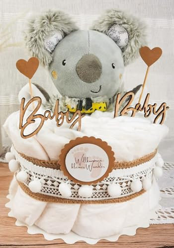 Windeltorte klein mit Kuscheltier Boho Vintage Stil | Geschenk zur Geburt | Made in Germany | mit Premium Windeln & schönem Zubehör | Baby Geschenk | Geschenke zur Geburt